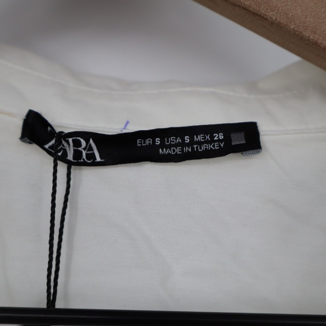 Zara Shirt Womens Small White Cotton Satin Long Sleeve Spread Collar Button Up