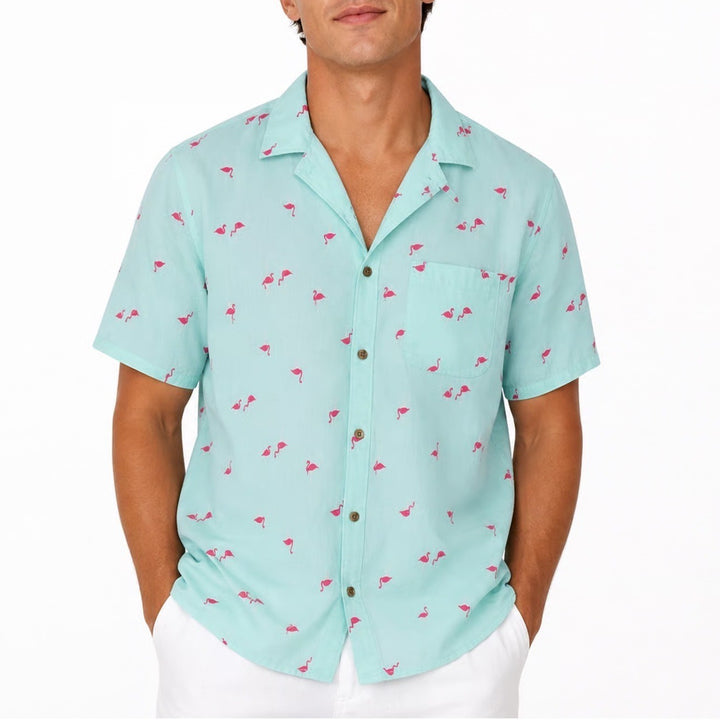 Old Navy Mens Everyday Shirt XL Mint Green Pink Flamingo Print Cotton Button