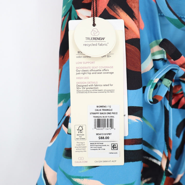 Calia Triangle Strappy Back One Piece Swimsuit Blue Floral Womens 12