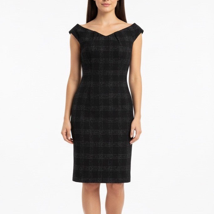 Mossimo Black Plaid Sheath Dress Cap Sleeve Zipper Back Business Casual Size 6