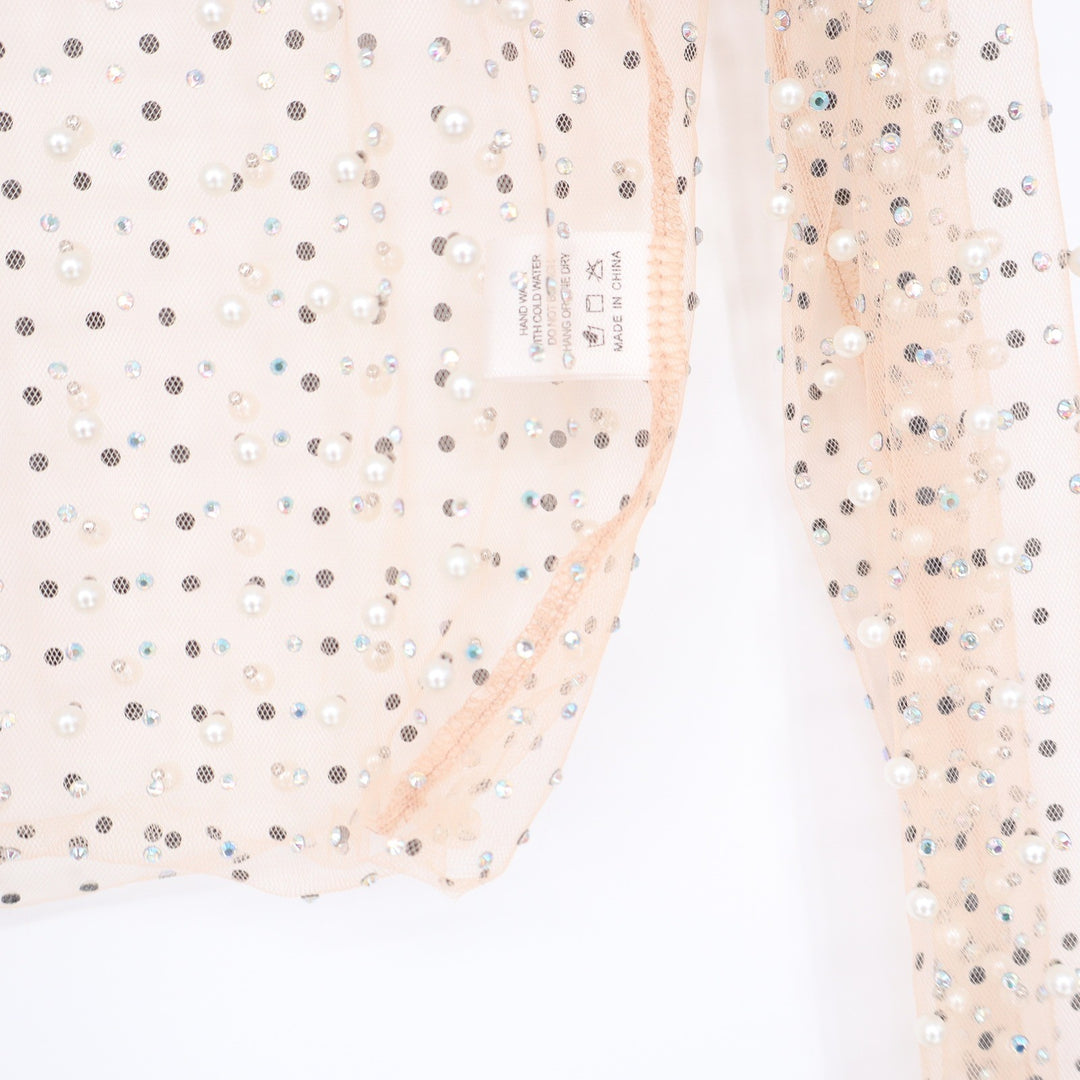 Windsor Peach Mesh Rhinestone Pearl Embellished Long Sleeve Crop Top Large