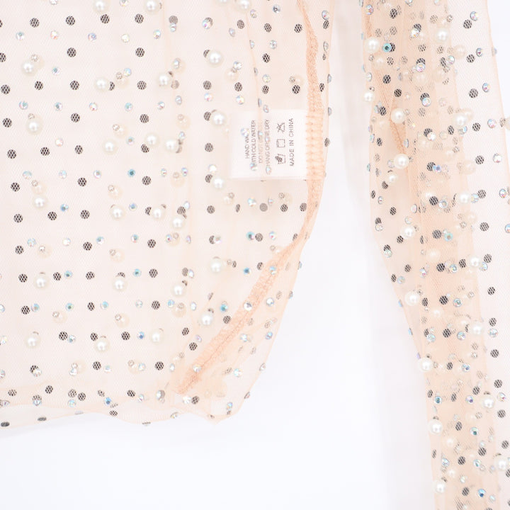 Windsor Peach Mesh Rhinestone Pearl Embellished Long Sleeve Crop Top Large