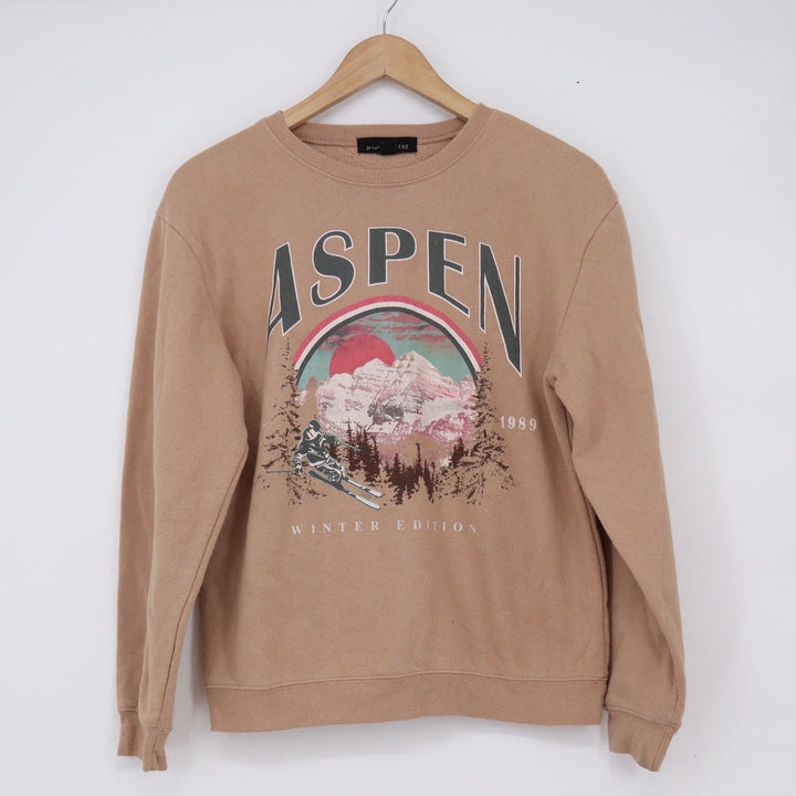 Social Scene Aspen Ski Resort Winter Edition Graphic Sweatshirt Tan XS