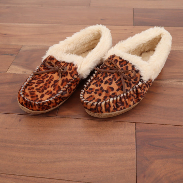 J.Crew Womens Leopard Print Faux Fur Lined Moccasin Slippers Brown Size 8