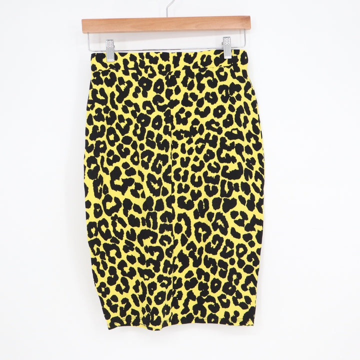 Neon Yellow Black Leopard Print Pencil Skirt Stretch Knee Length Animal Print