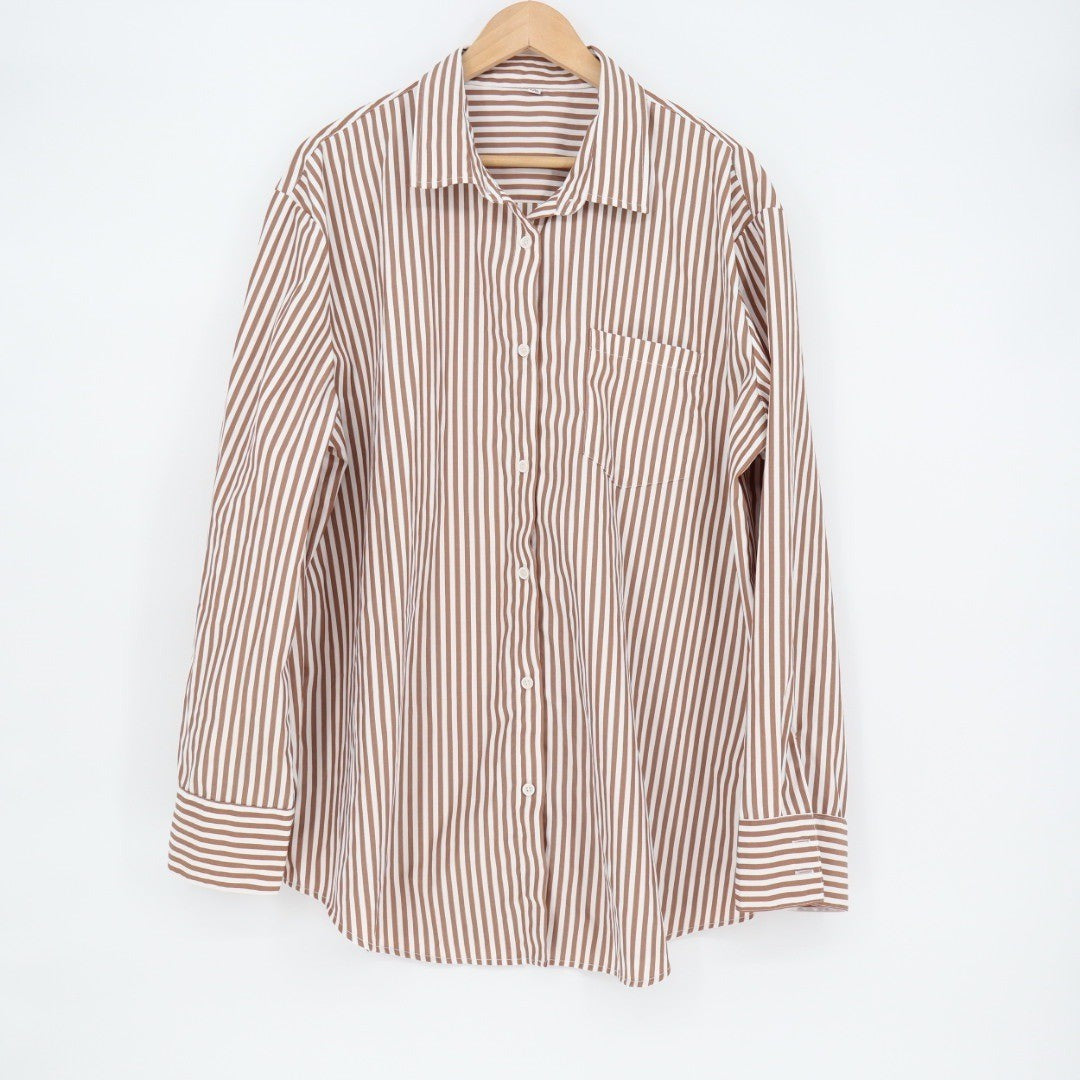 Striped Button Down Long Sleeve Shirt Mens 2XL Brown White Casual Top