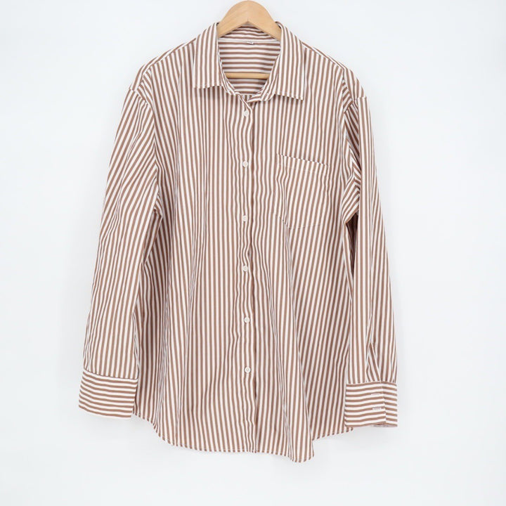 Striped Button Down Long Sleeve Shirt Mens 2XL Brown White Casual Top
