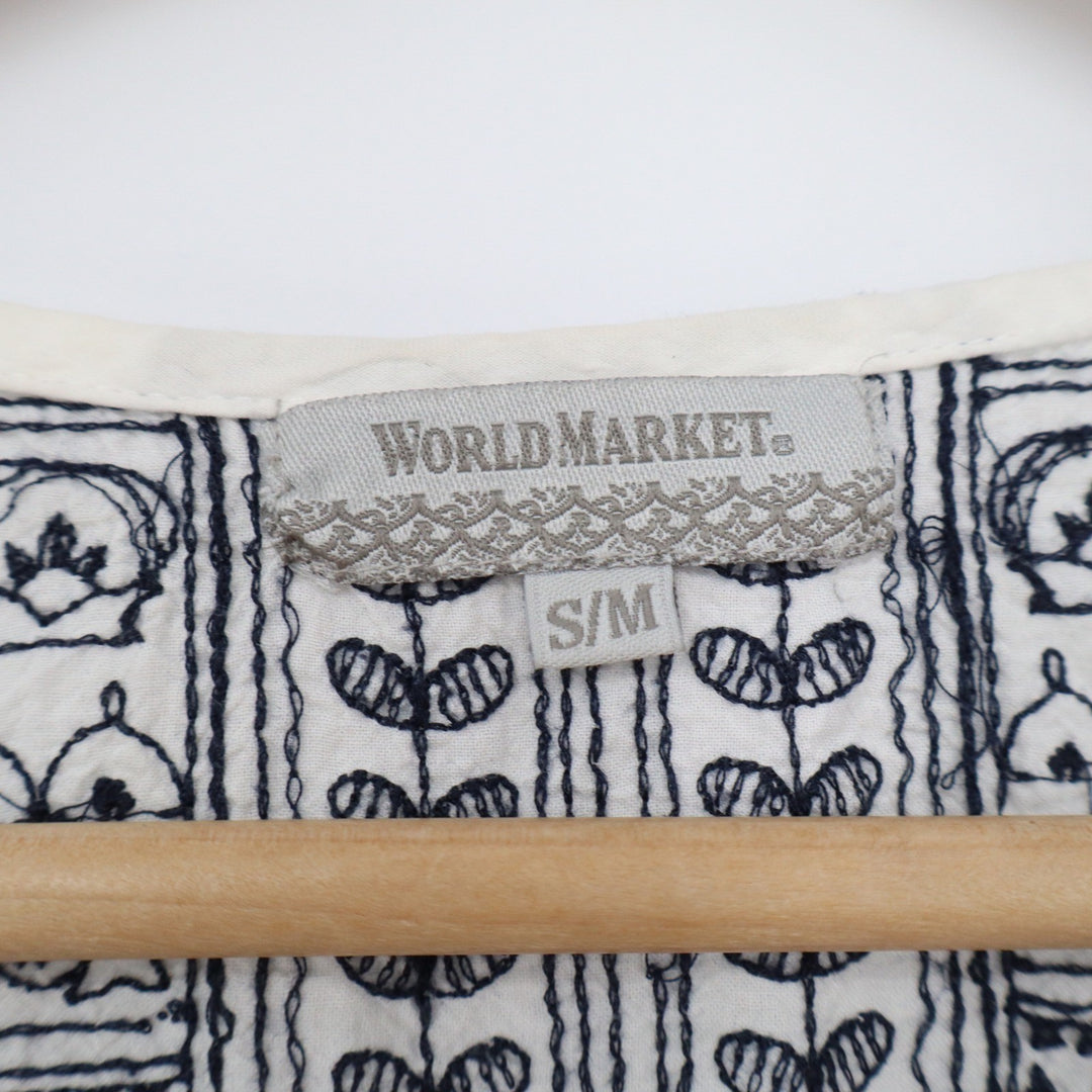 World Market White Navy Blue Embroidered Cotton Peasant Blouse Peplum Top S/M