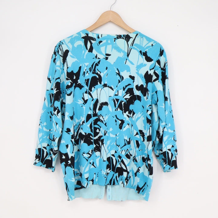 IZOD Silver Crest Womens XL Blue Black Floral Leaf Cotton Cardigan Sweater