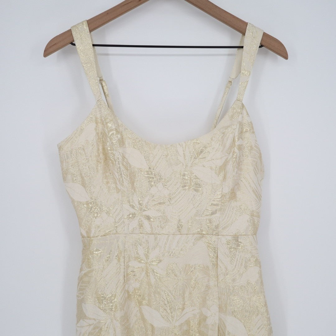 Lulus Immaculate Chicness Midi Dress Womens M Ivory Floral Brocade Front Slit
