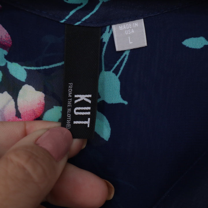 KUT from the Kloth Navy Floral Chiffon Blouse Long Sleeve High Low Top Large