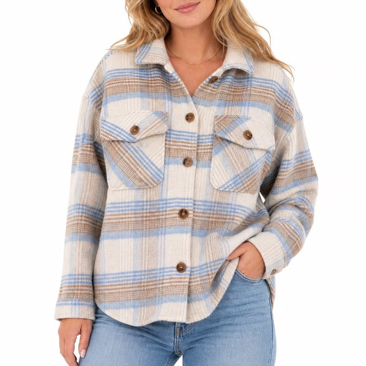 Timing Womens Plaid Shacket Blue Tan Oversized Button Up Shirt Jacket S