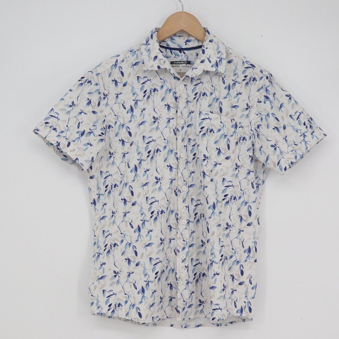 Apt 9 Mens Small Short Sleeve Button Down Shirt Blue Leaf Print Premier Flex S