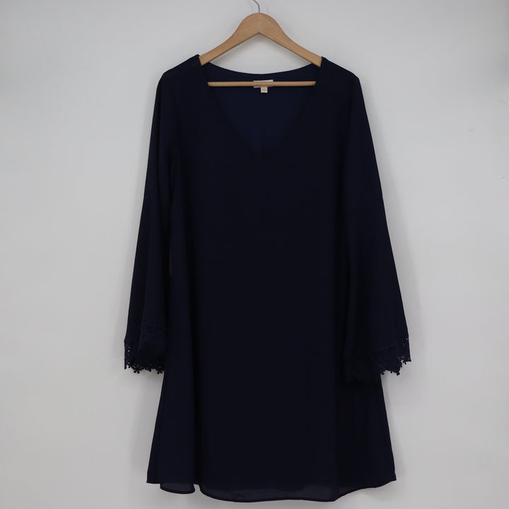 Cato Navy Blue V-Neck Bell Sleeve Crochet Lace Shift Dress M