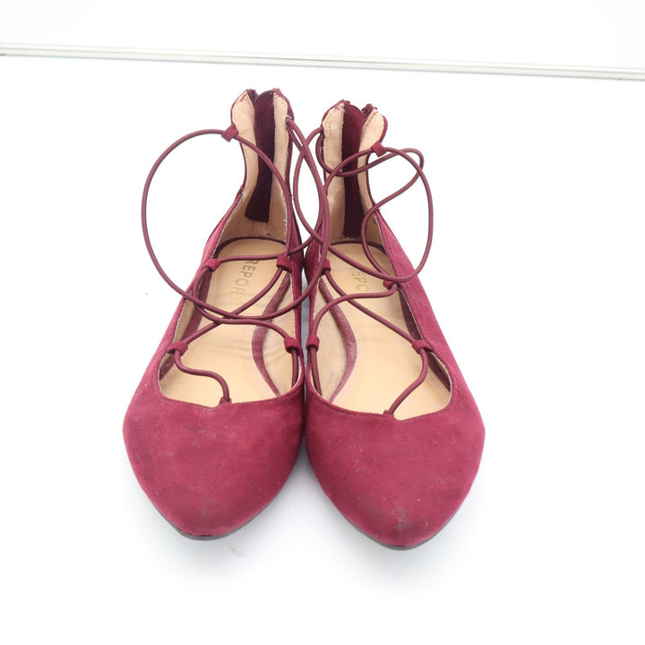 Report Flats Womens 7.5 Bell Burgundy Lace Up Pointed Toe Faux Suede Excellent