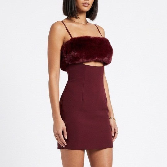 Naked Wardrobe Marron Burgundy Faux Fur Trim Cutout Mini Dress Size L
