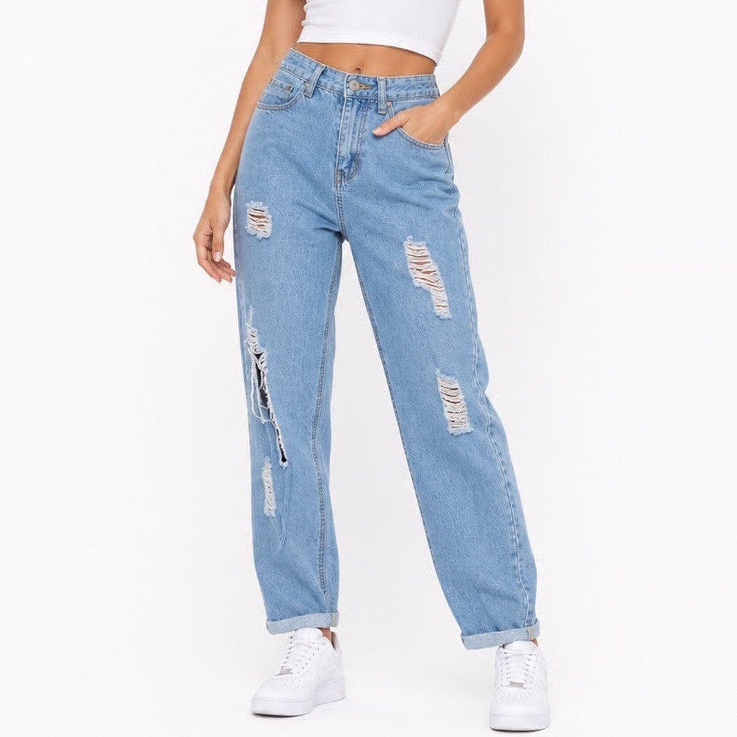 SHEIN Womens Light Wash Distressed Ripped High Rise Straight Leg Jeans Blue XS