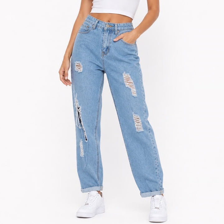 SHEIN Womens Light Wash Distressed Ripped High Rise Straight Leg Jeans Blue XS