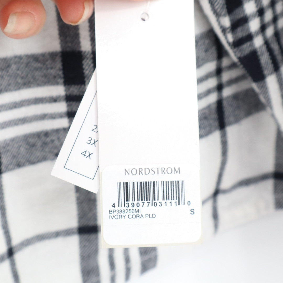 Bp. Flannel Plaid Boxy Shirt Womens S Ivory Black Cotton Spread Collar Button Up
