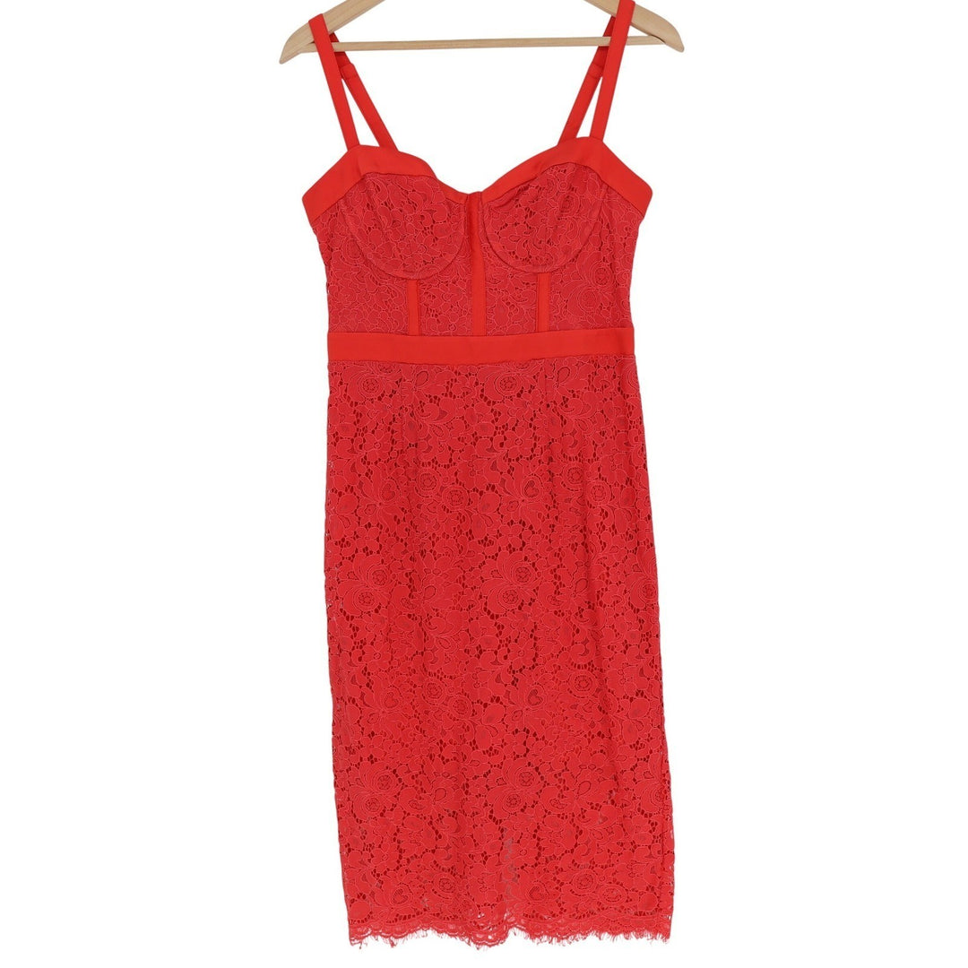 Express Womens Red Lace Bustier Sheath Dress Size 8 Midi Spaghetti Strap Floral