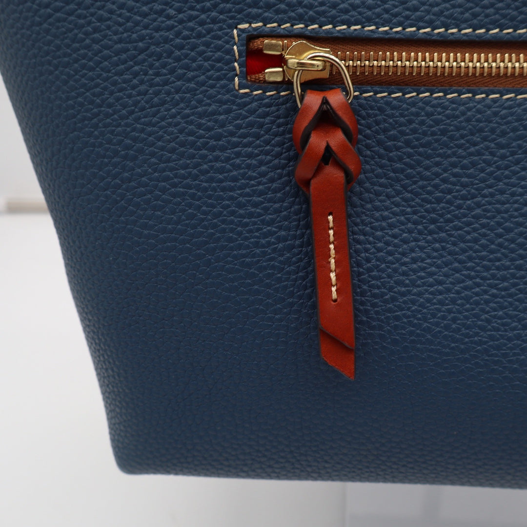 Dooney & Bourke Navy Blue Pebbled Leather Tote Bag Tan Trim
