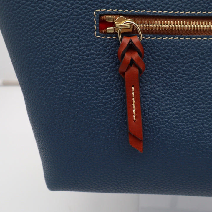 Dooney & Bourke Navy Blue Pebbled Leather Tote Bag Tan Trim