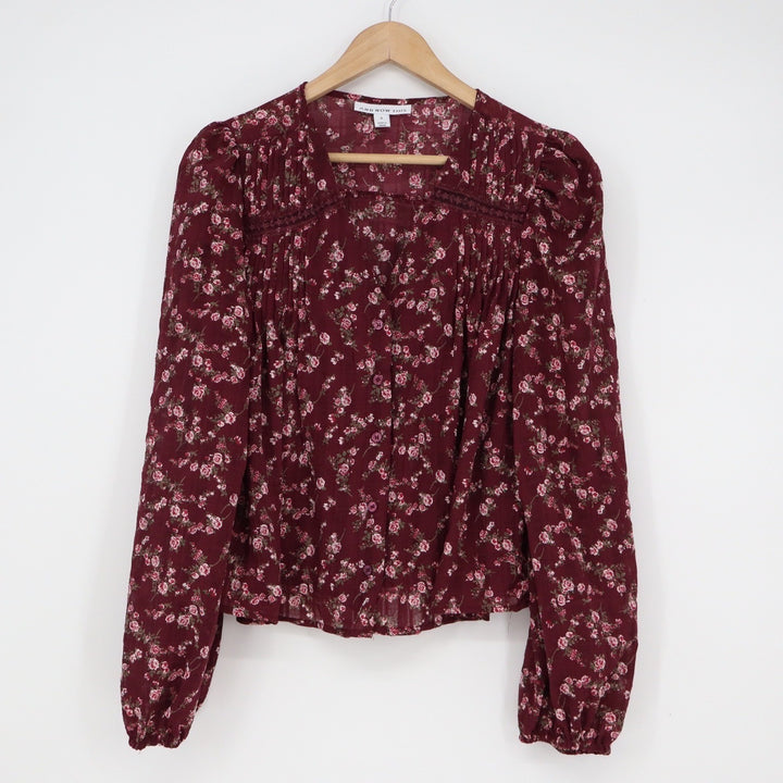 And Now This Burgundy Floral Pleated Split Neck Blouse Womens Size S Long Sleeve