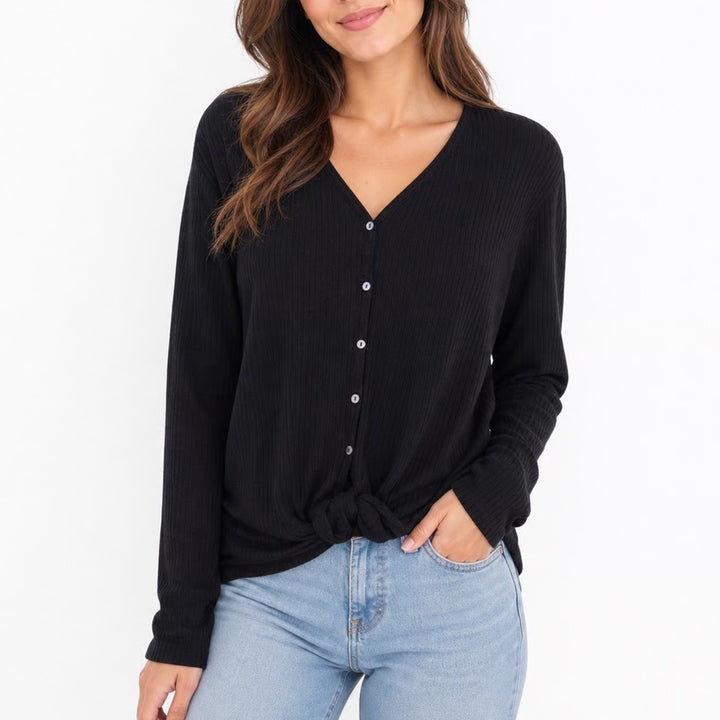 A New Day Womens Black Ribbed Knot Front Button Down Cardigan Sweater Large