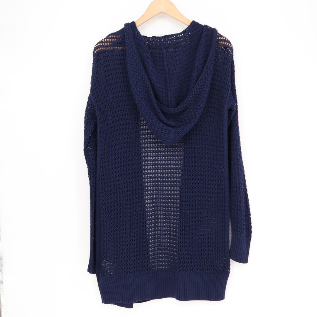 GAP Navy Blue Open Knit Hooded Cardigan Sweater Longline Cotton Womens Medium