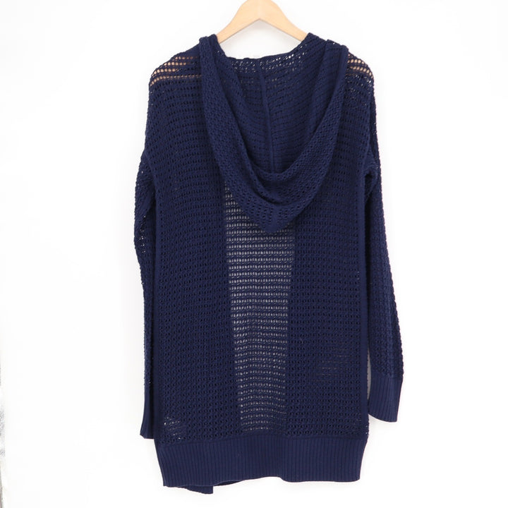 GAP Navy Blue Open Knit Hooded Cardigan Sweater Longline Cotton Womens Medium