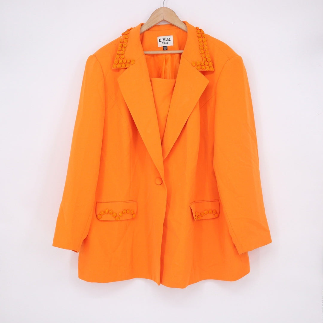 EMR Suits Orange Rosette Trim 2 Piece Skirt Suit Set Plus Size 22W Blazer Skirt