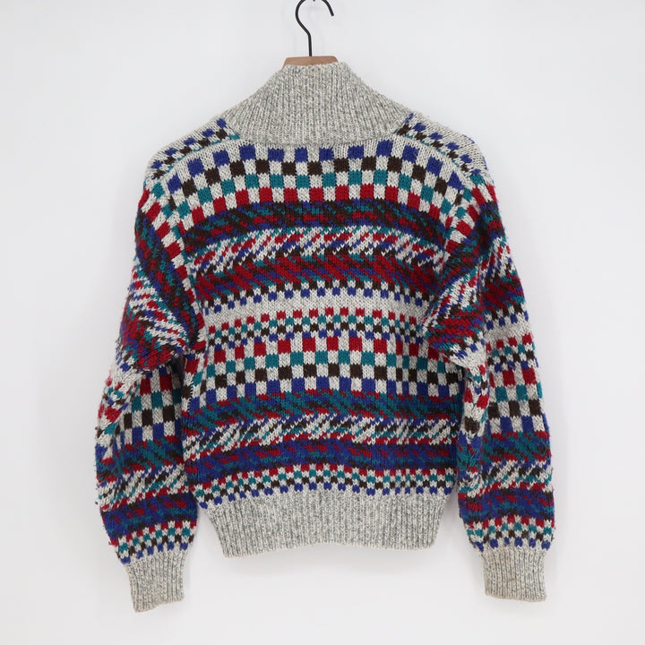 Vintage Applause Fair Isle Shawl Collar Sweater Grey Multi Geometric Knit Medium