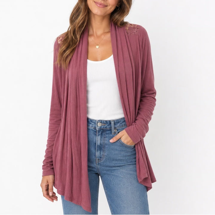 Always Indigo Mauve Lace Back Open Front Draped Cardigan Womens Large