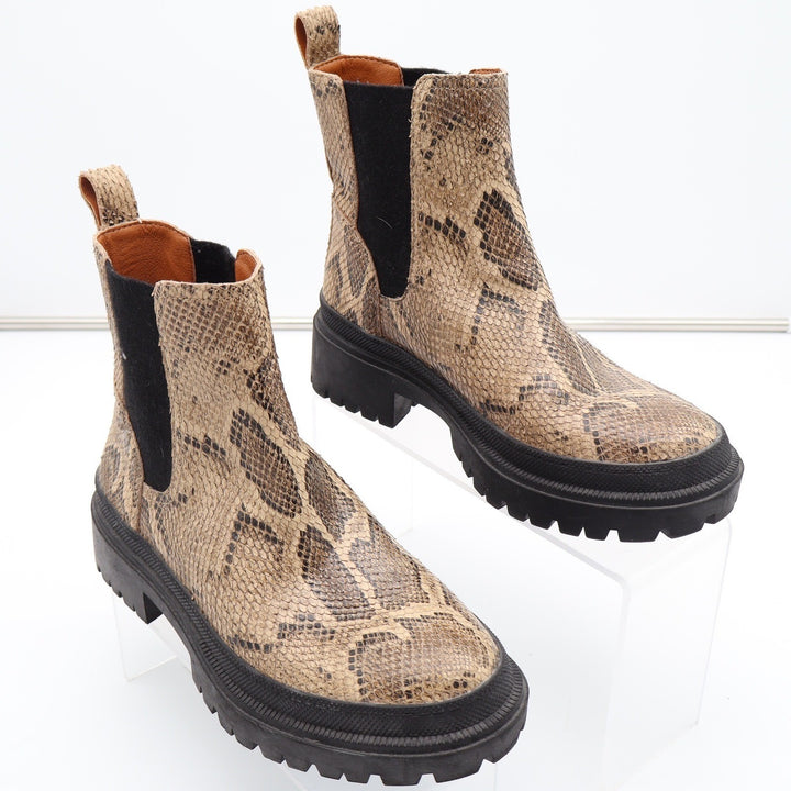 Lucky Brand Emali Snakeskin Leather Lug Sole Chelsea Boots Tan Brown 6.5