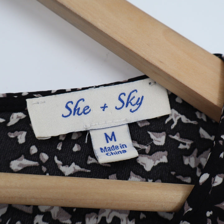 She + Sky Black Tan Abstract Print Tiered Ruffle Mini Dress Size M