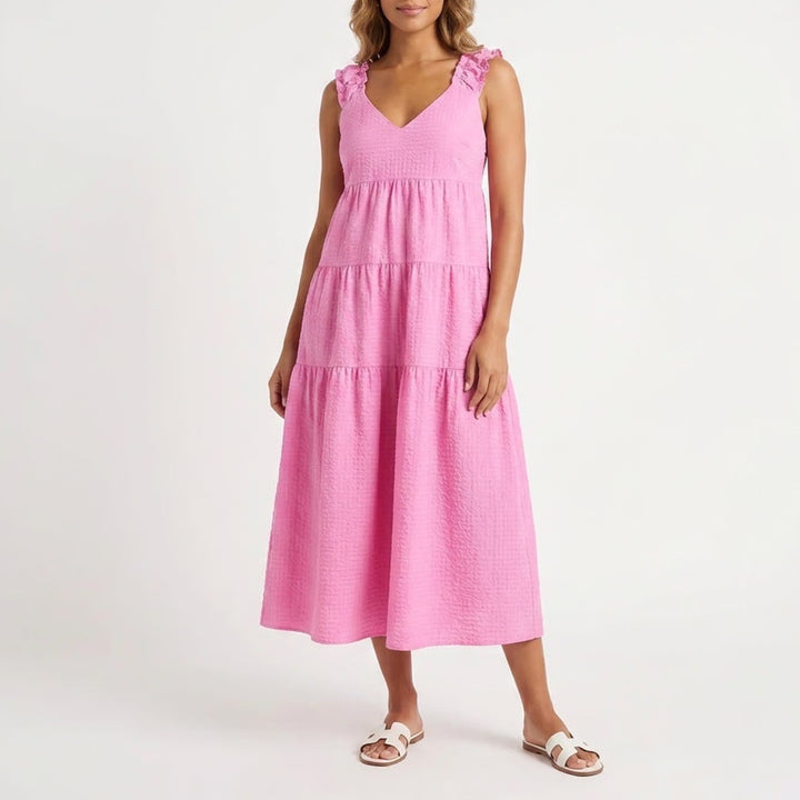 Old Navy Pink Seersucker Tiered Maxi Dress Ruffle Tie V-Neck M