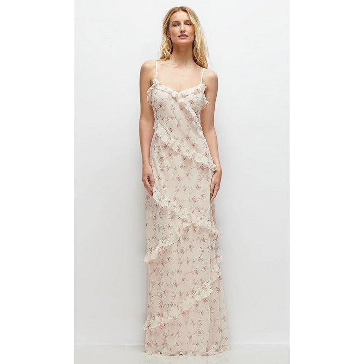 Woman wearing a floral dress on a white background