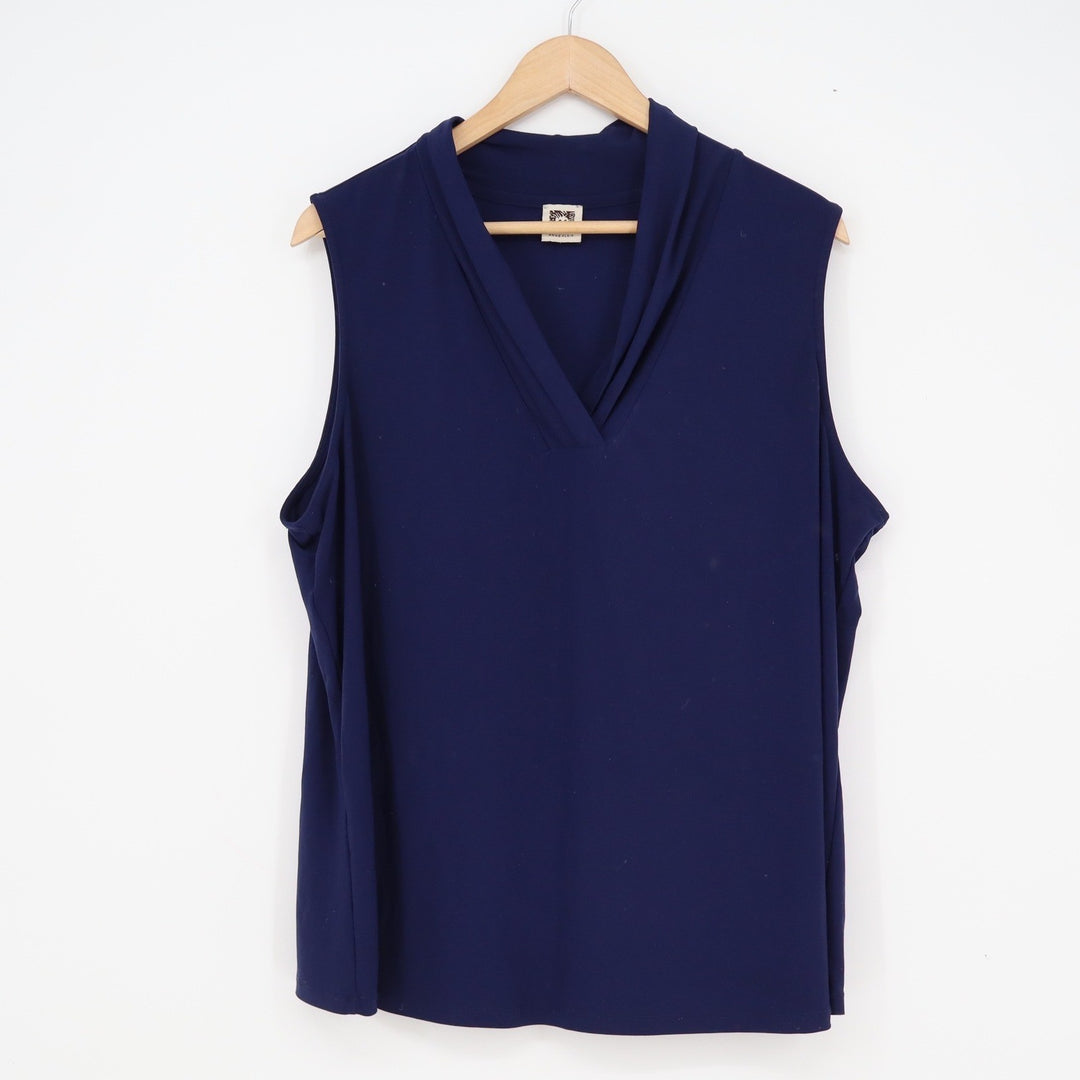 Anne Klein Navy Blue Sleeveless Draped V-Neck Blouse Top Stretch Business Casual