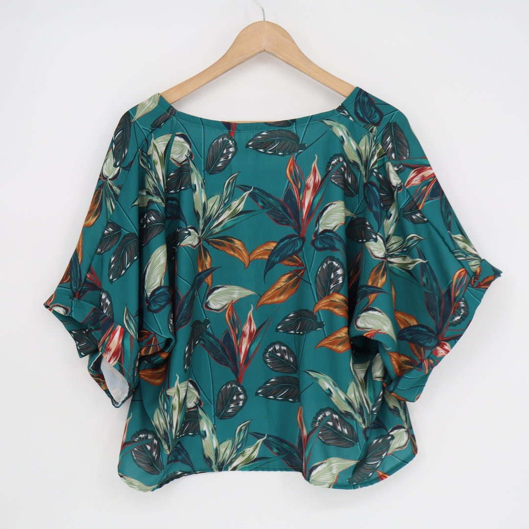 Montserrat Dibango Teal Tropical Leaf Print Boxy High-Low Blouse Top One Size
