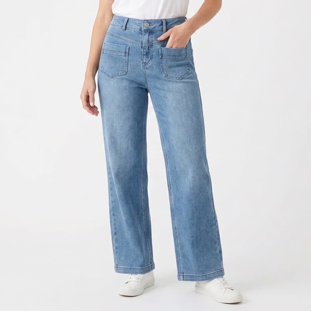 Halara Petite Wide Leg Jeans Medium Wash Blue High Rise Patch Pocket Size S