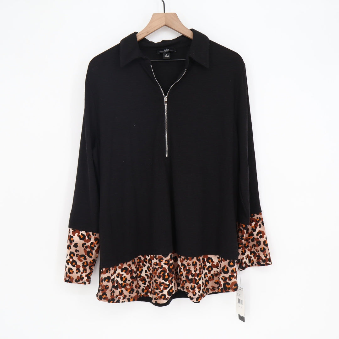 AGB Top Womens 1X Black Leopard Print Quarter Zip Mixed Media NEW