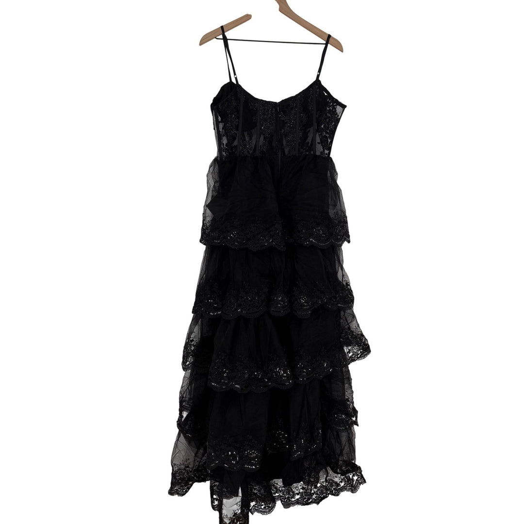 Lulus Alluring Sensation Black Tulle Embroidered Tiered Maxi Dress Size XL