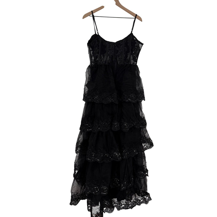Lulus Alluring Sensation Black Tulle Embroidered Tiered Maxi Dress Size XL