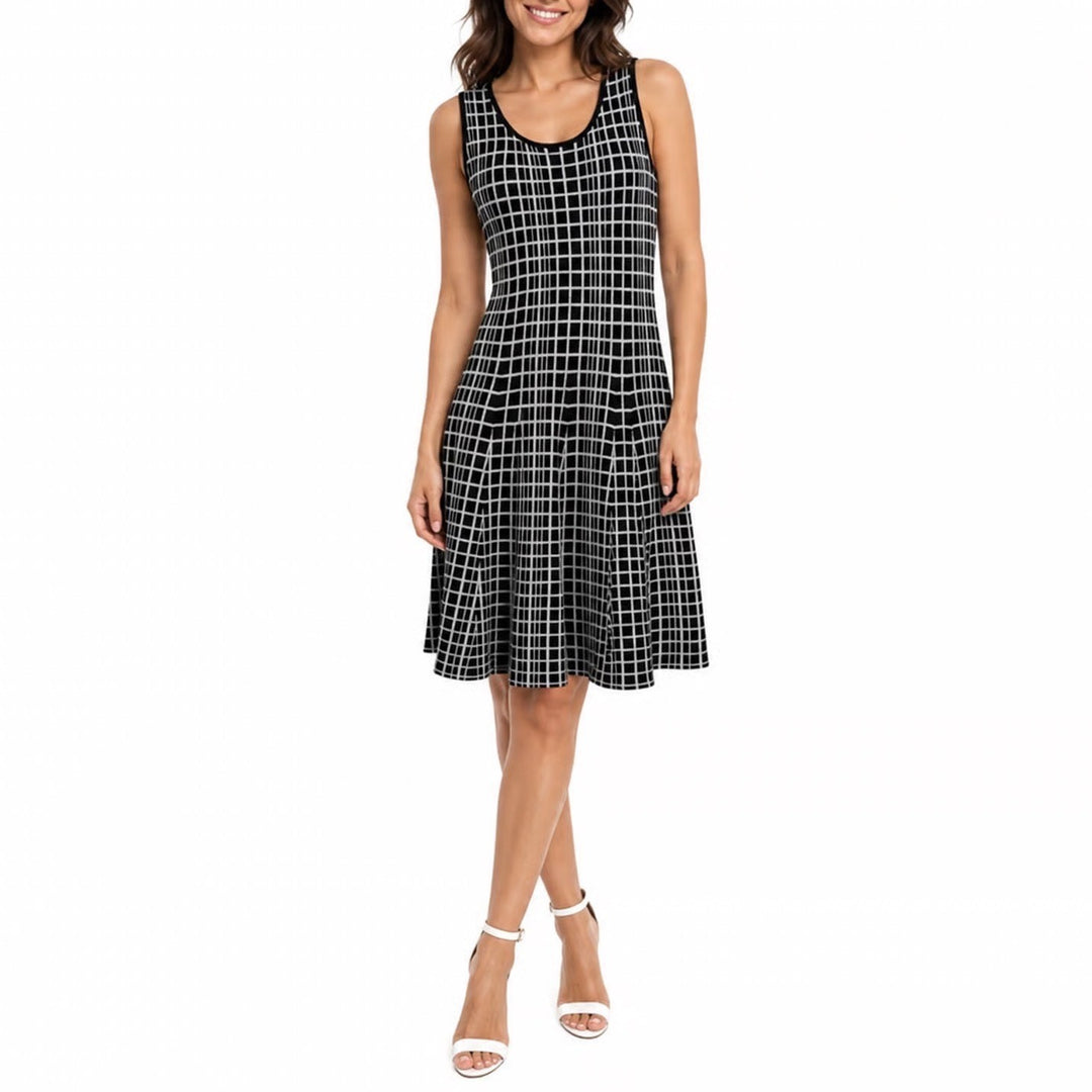 The Limited Black White Windowpane Grid Fit & Flare Knit Midi Dress Womens L