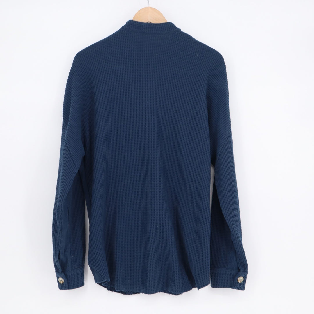 Chouyatou Shirt Jacket Women M Blue Waffle Knit Long Sleeve Flap Pockets Shacket