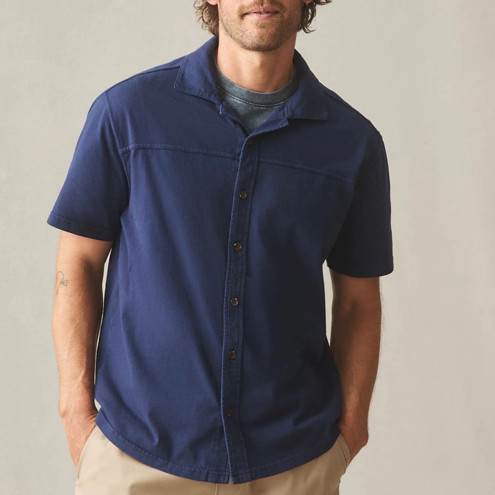 American Giant Horizon Shirt Mens M Blue Spread Collar Short Sleeve Button Up