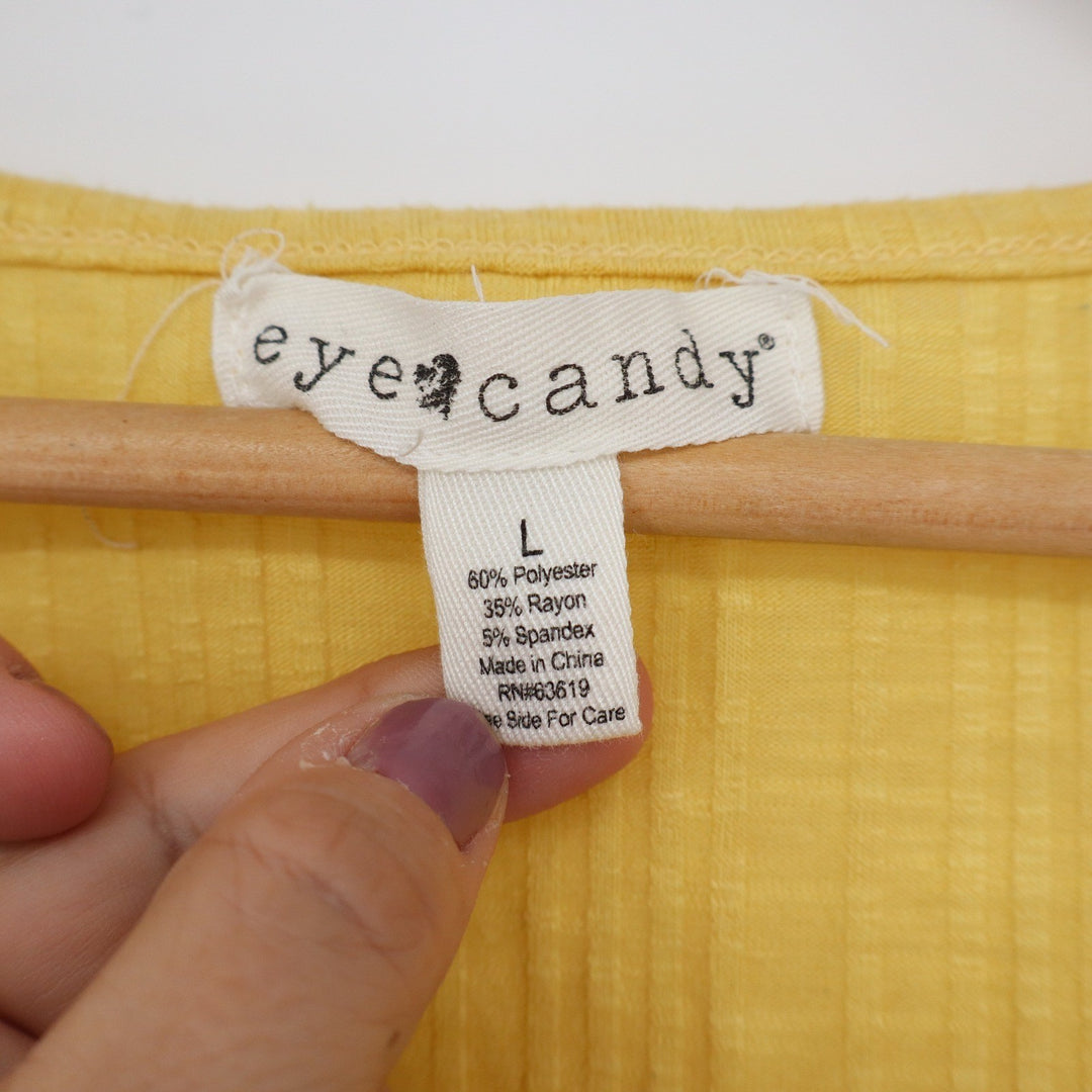 Eye Candy Yellow Ribbed Button Front Tie Hem Sleeveless Tank Top Large