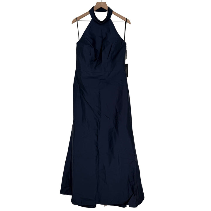 A navy blue dress on a hanger.
