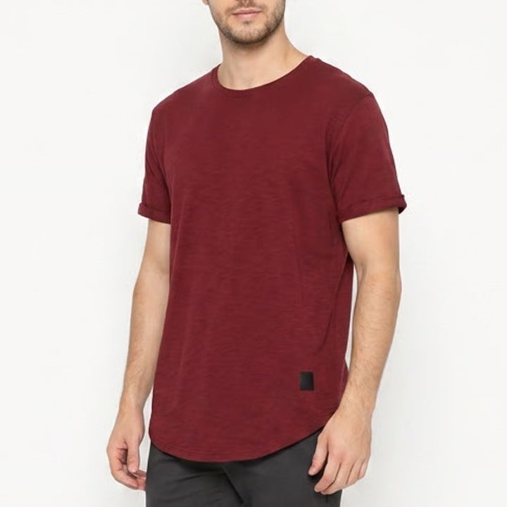 Mens T Shirt XL Maroon Short Sleeve Stretch Curved Hem Crew Neck Pullover Tee