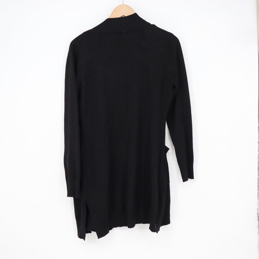 Young USA Womens Black Open Front Longline Cardigan Sweater Small Pockets Ribbed
